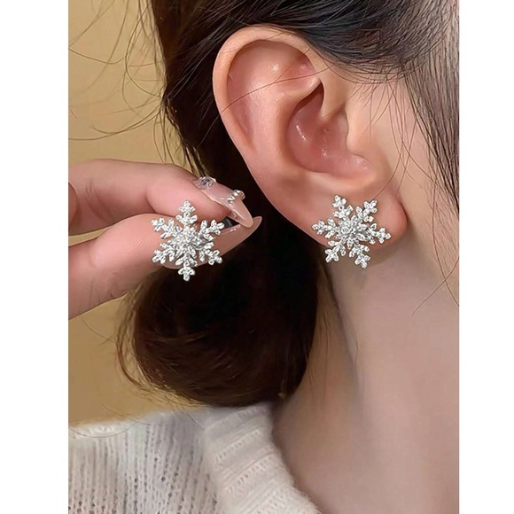 Silver Tone Snowflake Stud Earrings - Picture 1 of 7